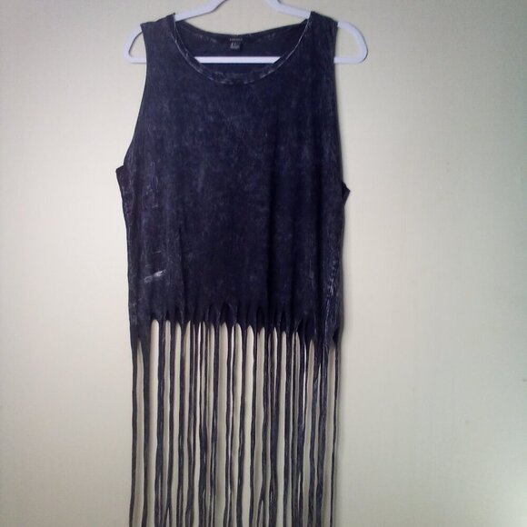 Forever 21 Shirt Juniors L Sleeveless Long Fringe Hem Black Gray - Picture 2 of 12
